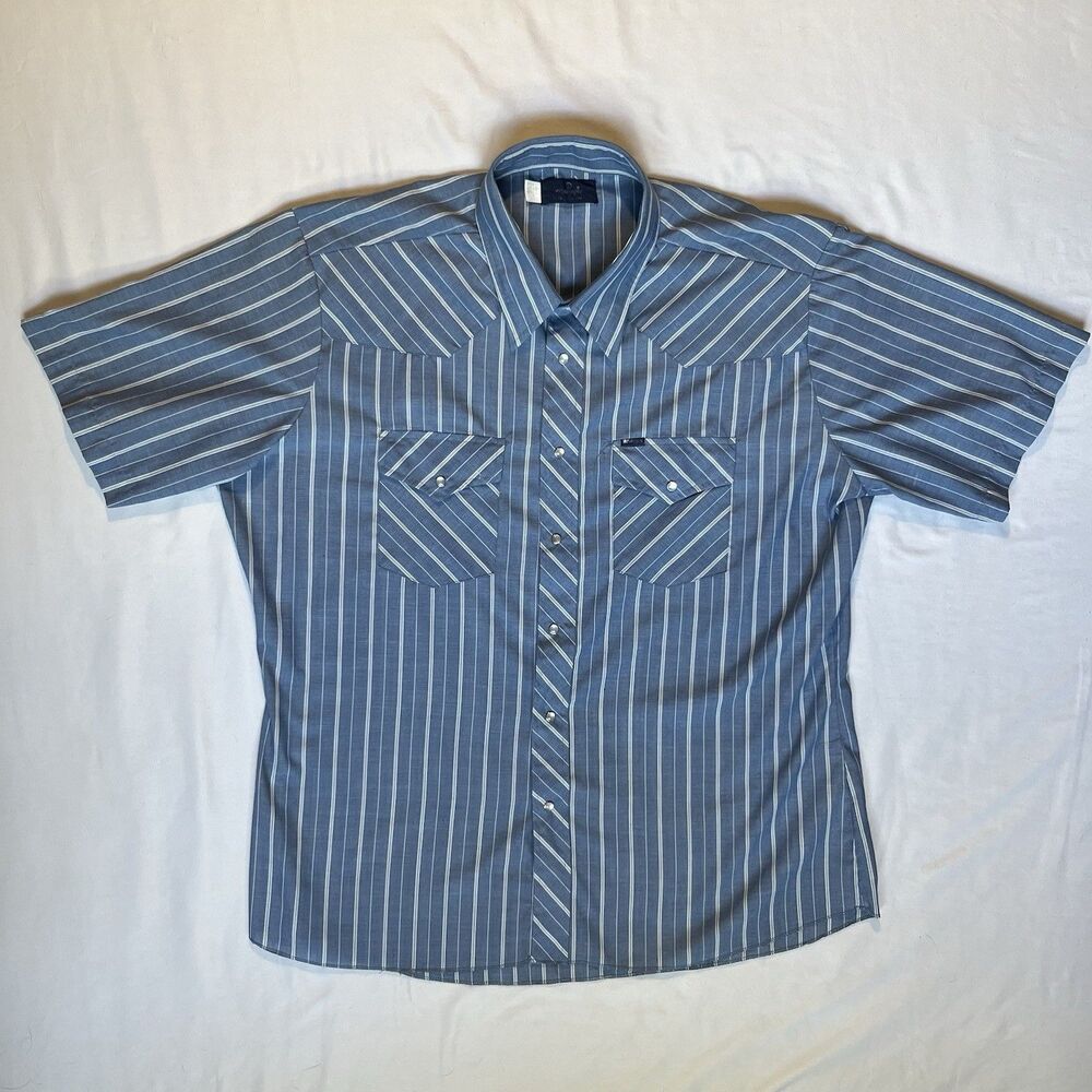 Vintage Wrangler Pearl Snap Shirt Mens 2XL XXL Blue Stripe Western Short Sleeve